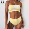 PLAVKY 2021 Retro Sexy Yellow Striped Strapless Bandeau Biquini Cut High Waist Swim Bathing Suit Swimsuit Swimwear Women Bikini